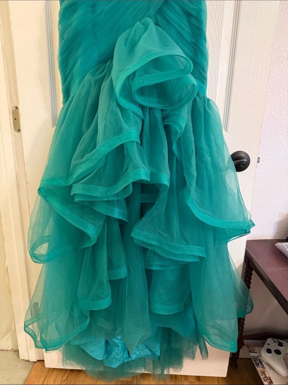 Teal Ruched V-Neck Ruffle Mermaid Dress - Picture 6 of 9